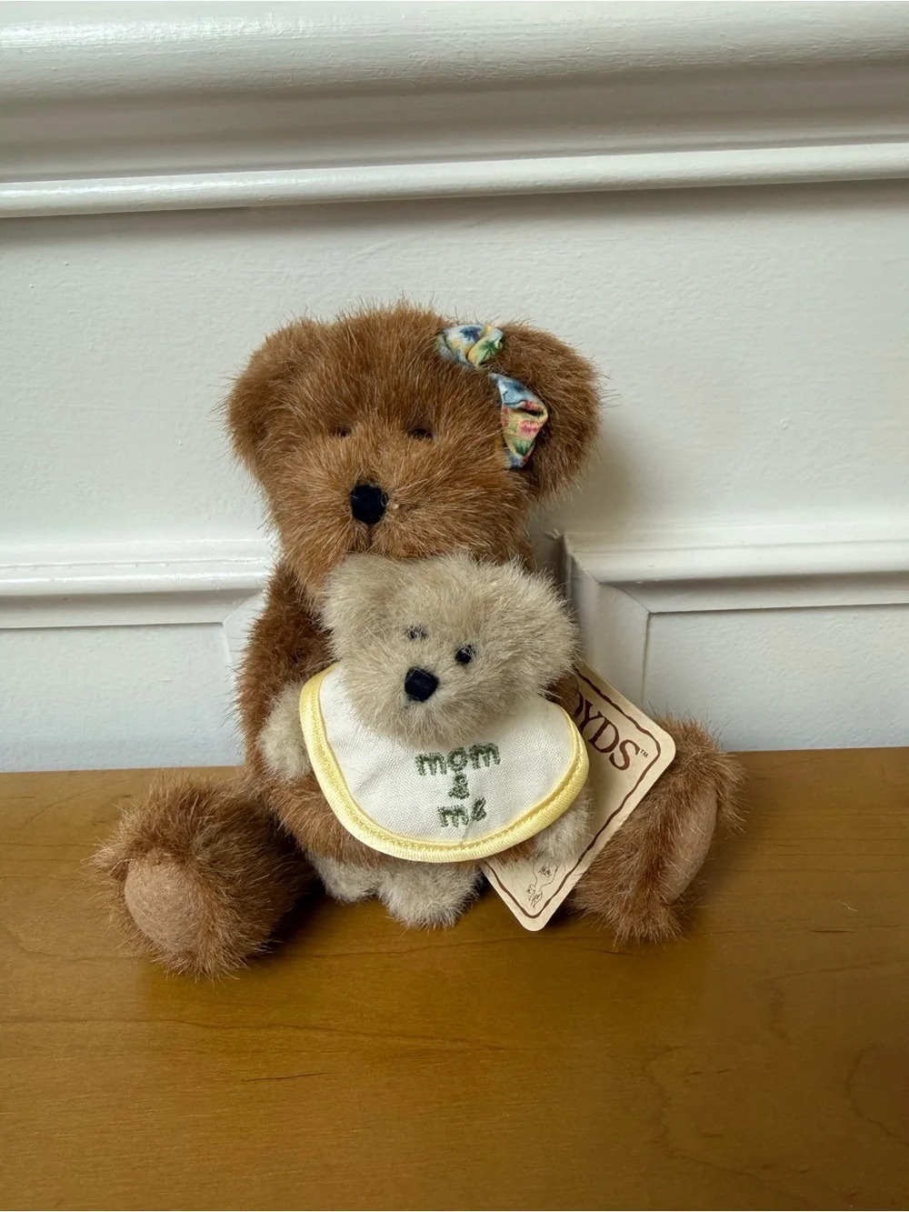Boyds Bears Brown Plush Mama Bear with Beige Baby and Floral Bow